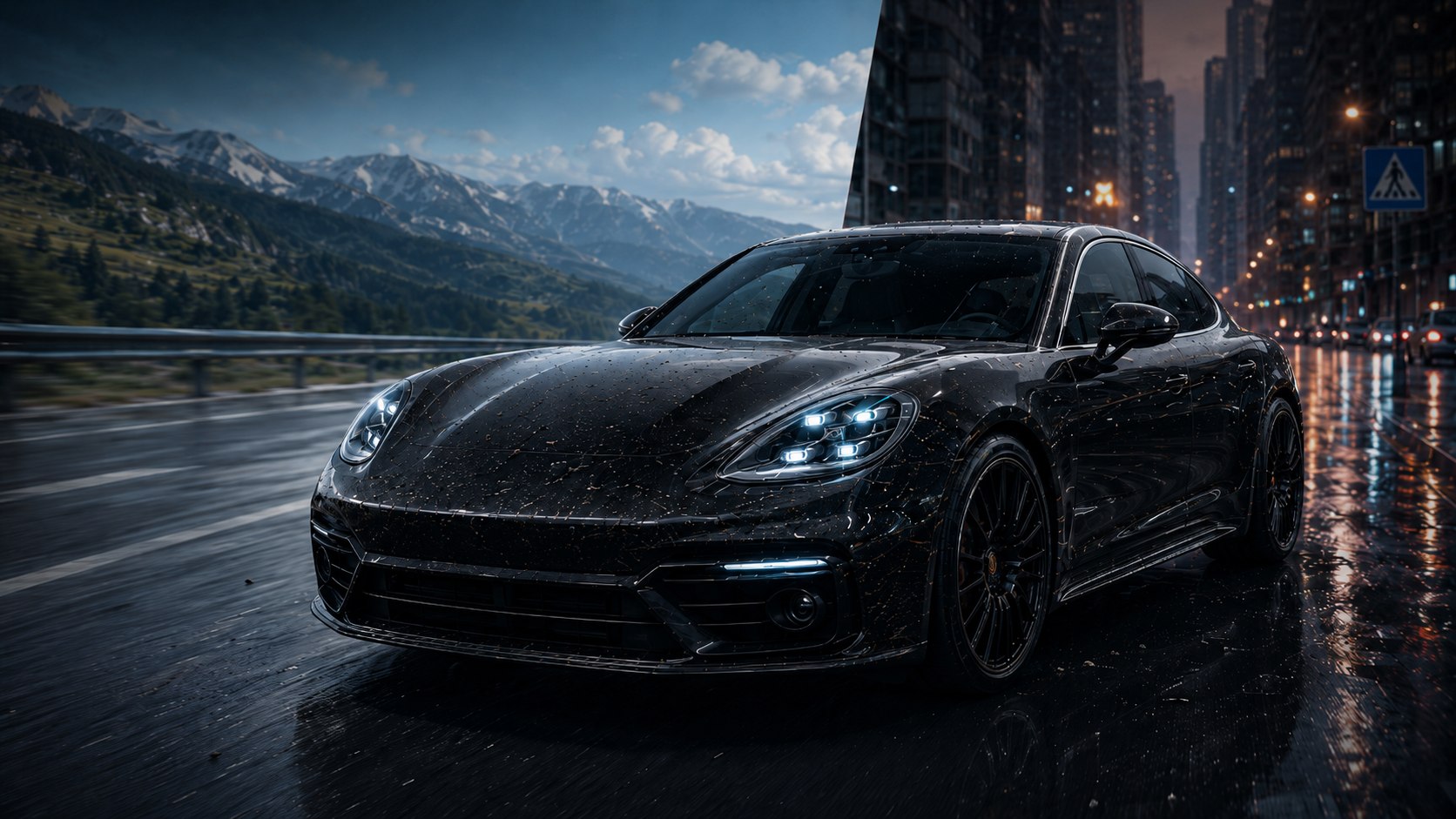 Чёрный Porsche Panamera на мокрой дороге, горы и трасса слева, ночной город справа